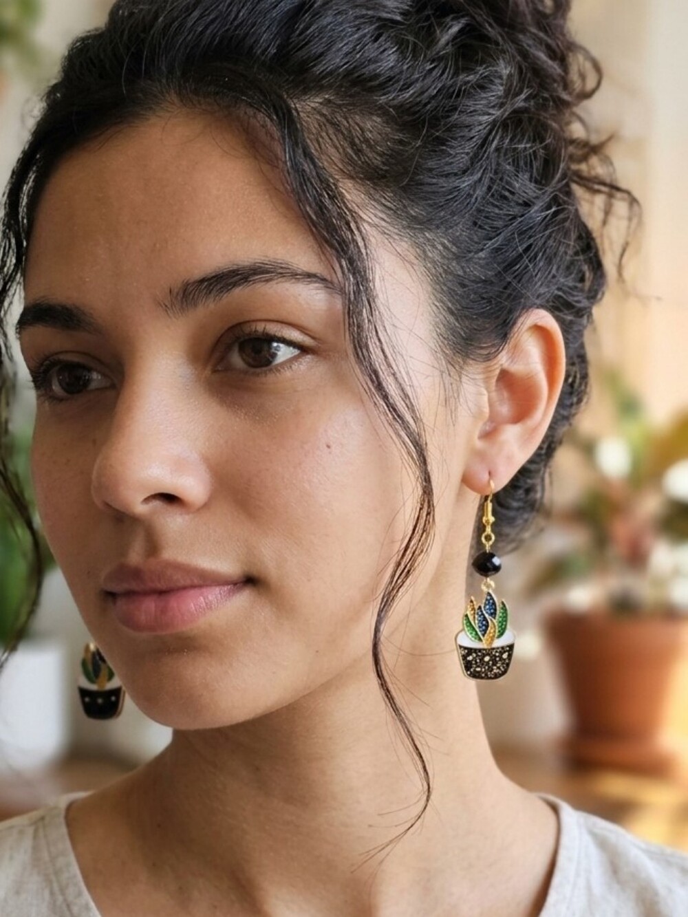 Gold and Black Plant Pot Drop Earrings